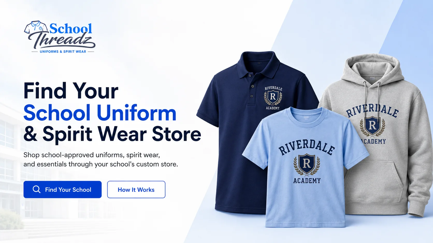 School Threadz hero featuring Riverdale Academy polo, T-shirt, and hoodie mockups